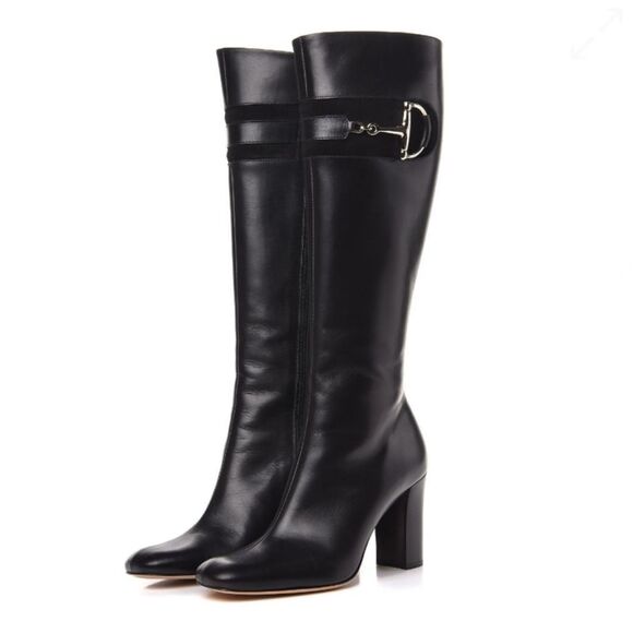 GUCCI Hasler Horsebit Black Leather Boot Size 39.5 US 9.5 Heeled Knee Square Toe - Picture 3 of 13
